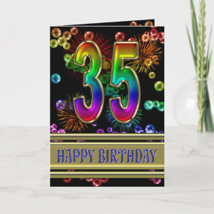 Carte 35e anniversaire avec bulles arc-en-ciel et feux d