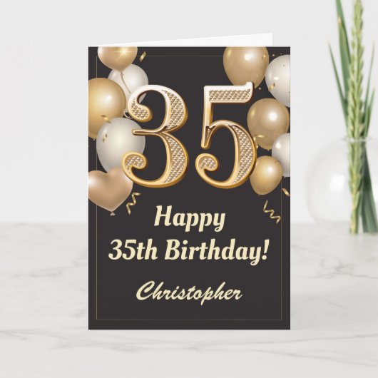 Carte 35e anniversaire Ballons Noir et Or Confetti (Devant)