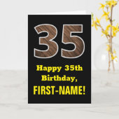 Carte 35e anniversaire : Nom, Motif Faux Wood Grain "35" (Fleur jaune)