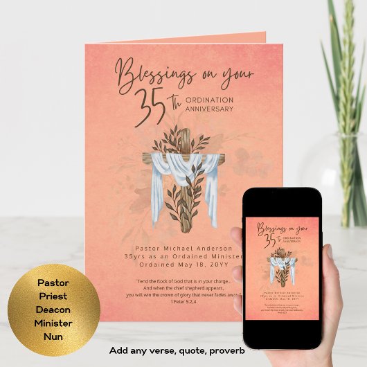 Carte 35e ORDINATION ANNIVERSAIRE Prêtre Pasteur Ministr