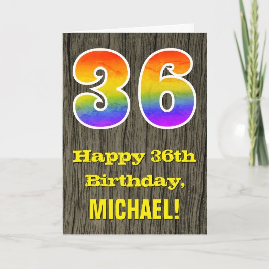 Carte 36e anniversaire : Rustic Faux Wood Look, Arc-en-c (Devant)
