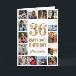 Carte 36e Joyeux Anniversaire Collage photo d'or et blan<br><div class="desc">36th Happy Birthday Gold and White Photo Collage Birthday Card. Pour plus de personnalisation,  cliquez sur le bouton "Customiser" et utilisez notre outil de conception pour modifier ce modèle.</div>