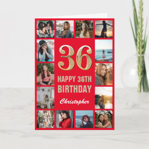 Carte 36e Joyeux Anniversaire Collage photo rouge et or