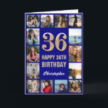 Carte 36e Joyeux Anniversaire Marine Bleu & Gold Photo C<br><div class="desc">36th Happy Birthday Navy Blue and Gold Photo Collage Birthday Card. Pour plus de personnalisation,  cliquez sur le bouton "Customiser" et utilisez notre outil de conception pour modifier ce modèle.</div>