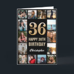 Carte 36e Joyeux anniversaire noir et or Collage photo<br><div class="desc">36th Happy Birthday Black and Gold Photo Collage Birthday Card. Pour plus de personnalisation,  cliquez sur le bouton "Customiser" et utilisez notre outil de conception pour modifier ce modèle.</div>