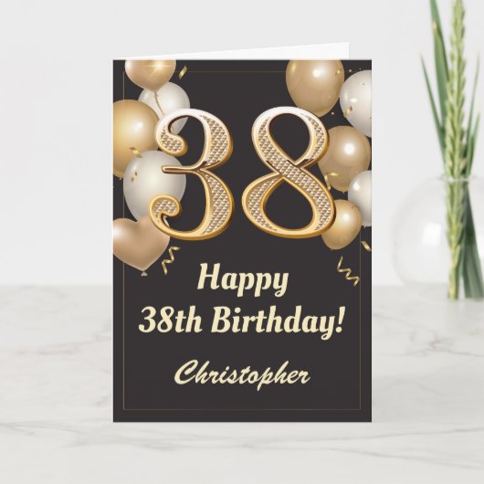 Carte 38e anniversaire Ballons Noir et Or Confetti (Devant)