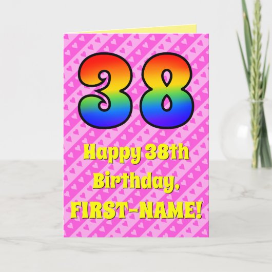 Carte 38e anniversaire : Pink Stripes & Hearts, Arc en c (Devant)