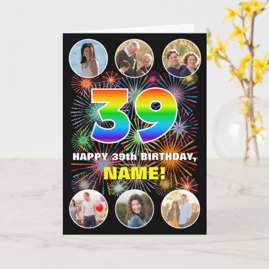 Carte 39e anniversaire : Arc en ciel amusant #, Nom pers (Fleur jaune)