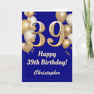 Carte 39e anniversaire Marine Bleu et Ballons d'or Confe
