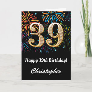 Carte 39e anniversaire Rainbow Fireworks noir et or