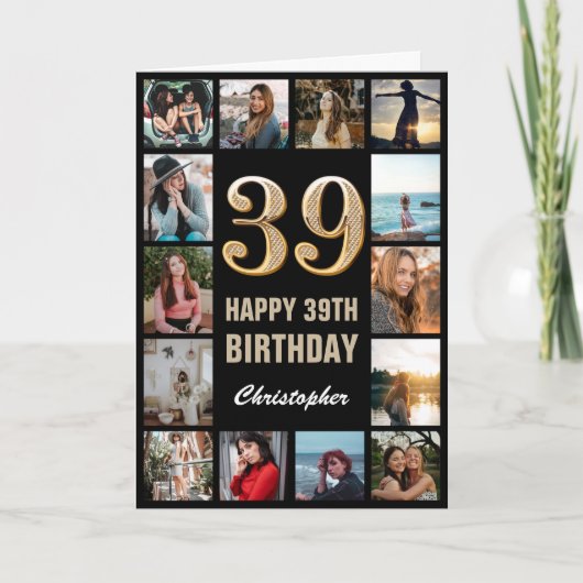 Carte 39e Joyeux Anniversaire Black and Gold Photo Colla (Devant)