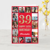 Carte 39e Joyeux Anniversaire Collage photo rouge et or (Fleur jaune)