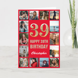 Carte 39e Joyeux Anniversaire Collage photo rouge et or