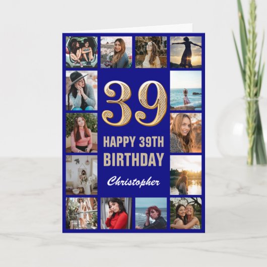 Carte 39e Joyeux Anniversaire Marine Bleu & Gold Photo C (Devant)