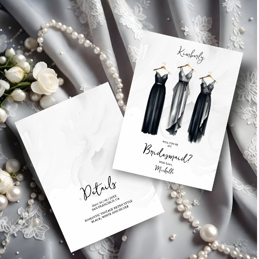 Carte 3 Chic Black Bridesmaid Dresses Watercolor Request