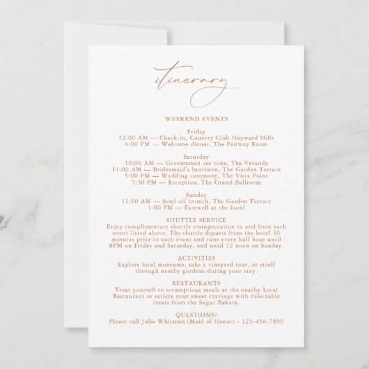 Carte 3 Jours Mariage Itinéraire Élégant Script Moderne (Dos)