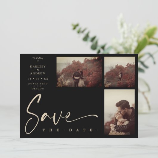 Carte 3 Photos Black Chic Trendy Collage Wedding Covid19 (Debout devant)