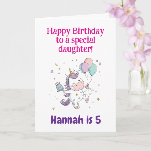 Carte 3e, 4e, 5e, 6e Anniversaire Fille, Licorne, (Orchidée)