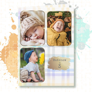 Carte 3e Anniversaire 3 Collage Photo Carreaux Aquarelle