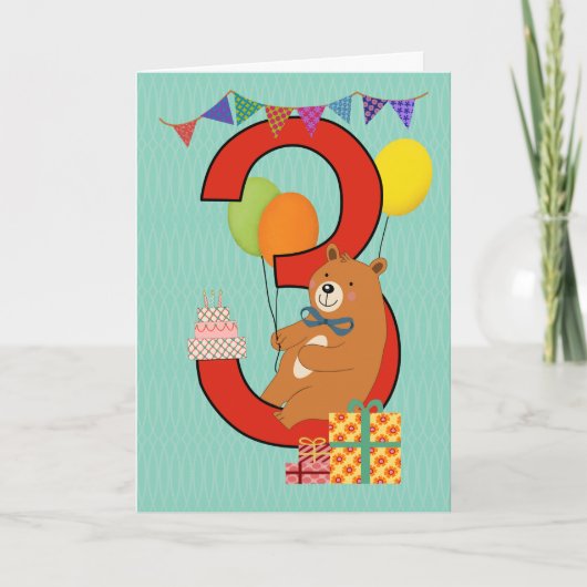Carte 3e anniversaire avec ours assis (Devant)