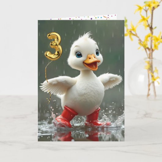 Carte 3e anniversaire Canard blanc dans une flaque de pl (Fleur jaune)