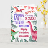 Carte 3e anniversaire Dinosaure rose pour petite-fille (Fleur jaune)