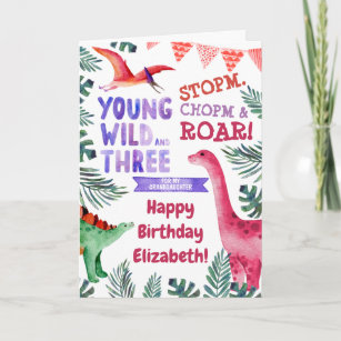 Carte 3e anniversaire Dinosaure rose pour petite-fille