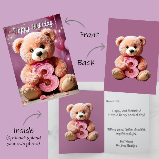 Carte 3e anniversaire fille mignonne ours en peluche et 
