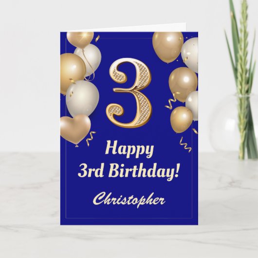 Carte 3e anniversaire Marine Bleu et Ballons d'or Confet (Devant)