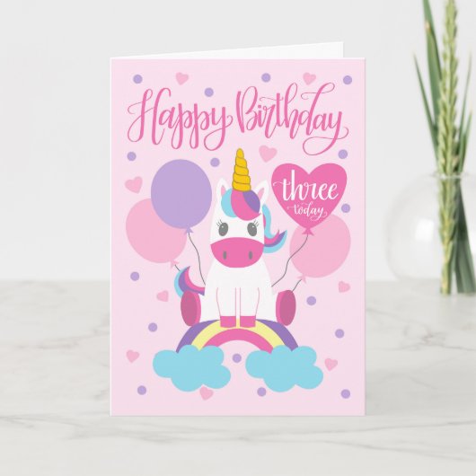 Carte 3e Anniversaire Unicorne Assis Sur Arc En Ciel (Devant)