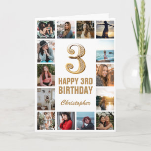 Carte 3e Joyeux anniversaire Gold et White Photo Collage