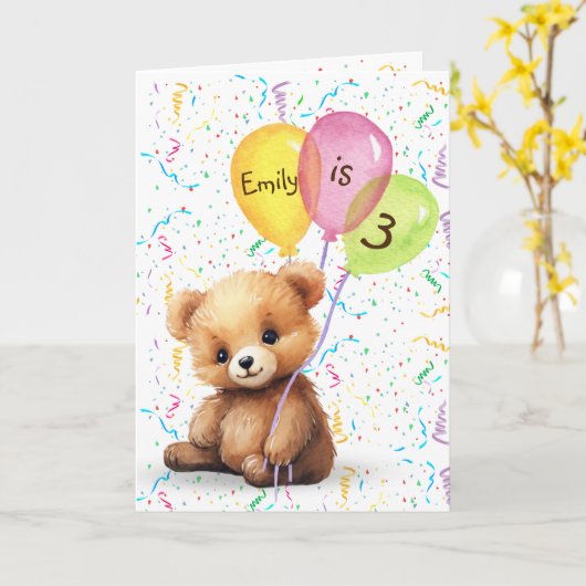 Carte 3e Ours d'anniversaire avec nom personnalisé (Fleur jaune)