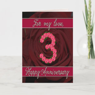 carte 3ème anniversaire avec roses et feuilles