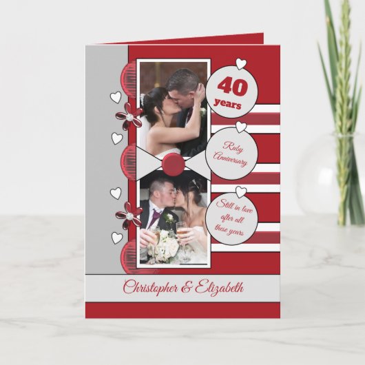 Carte 40 ans Ruby anniversaire photo rouge et gris (Devant)