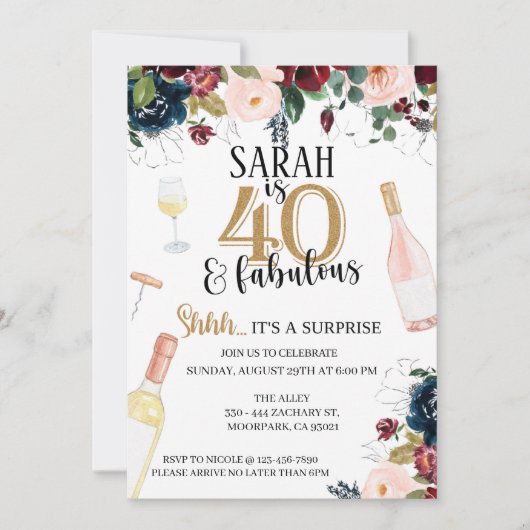 CARTE 40E, 40E ANNIVERSAIRE, VIN, SURPRISE (Devant)