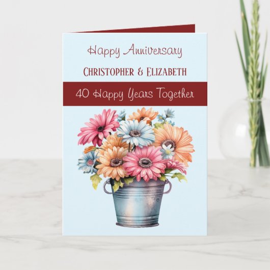 Carte 40e anniversaire de Ruby fleurs bordeaux bleu (Devant)