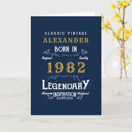 Carte 40e anniversaire Né 1982 Vintage Blue Gold (Fleur jaune)