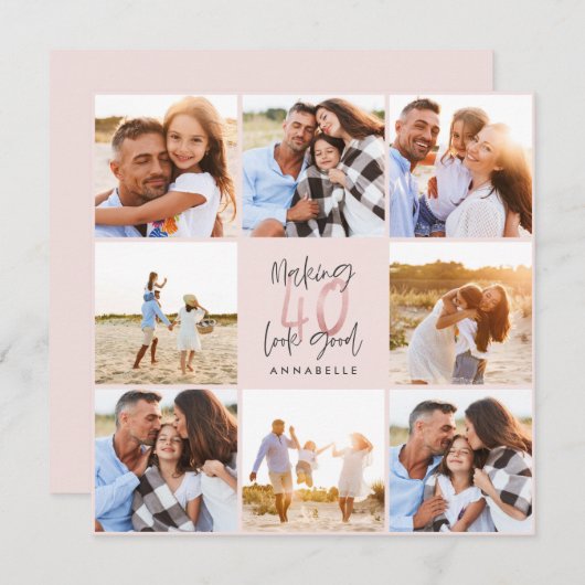 Carte 40e anniversaire rose girly parties scintillant ph (Devant / Derrière)