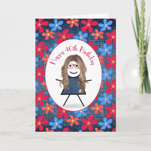 Carte 40e Anniversaire Stick Girl and Daisies On Denim