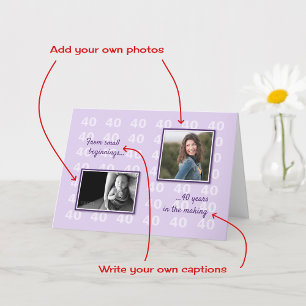 Carte 40e anniversaire vos photos et texte lilas