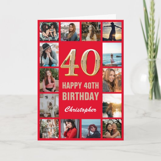 Carte 40e Joyeux Anniversaire Collage photo rouge et or (Devant)