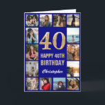 Carte 40e Joyeux Anniversaire Marine Bleu & Gold Photo C<br><div class="desc">40th Happy Birthday Navy Blue and Gold Photo Collage Birthday Card. Pour plus de personnalisation,  cliquez sur le bouton "Customiser" et utilisez notre outil de conception pour modifier ce modèle.</div>