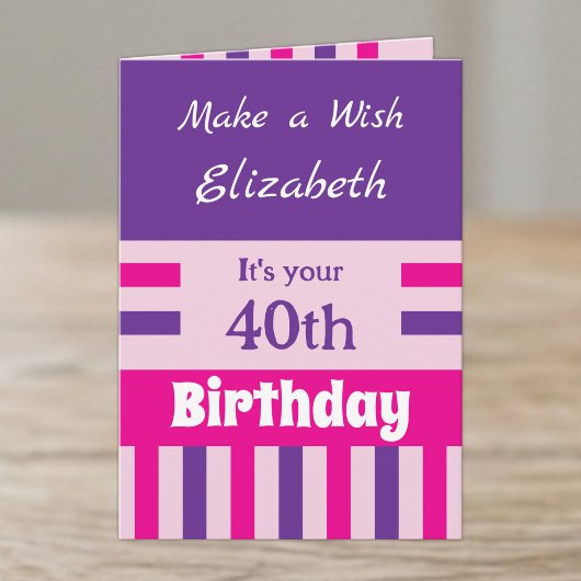 Carte 40e nom rose violet anniversaire