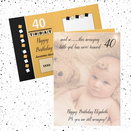 Carte 40e photo d'anniversaire jaune et noir encore extr