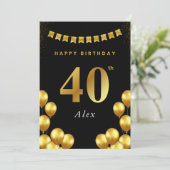 Carte 40th Birthday Card Black and Gold Balloons (Debout devant)