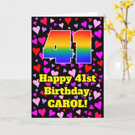 Carte 41e anniversaire : Amour Hearts Motif, Arc en ciel (Fleur jaune)