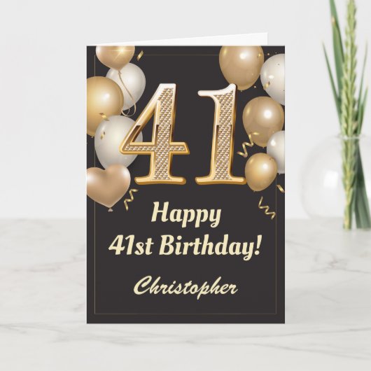Carte 41e anniversaire Ballons Noir et Or Confetti (Devant)