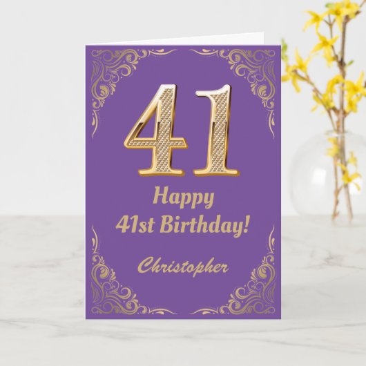 Carte 41e anniversaire Parties scintillant violet et or (Fleur jaune)