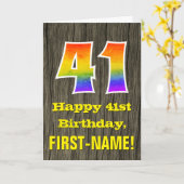 Carte 41e anniversaire : Rustic Faux Wood Look, Arc-en-c (Fleur jaune)