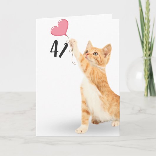 Carte 41e anniversaire tabby chat avec ballon cardiaque (Devant)
